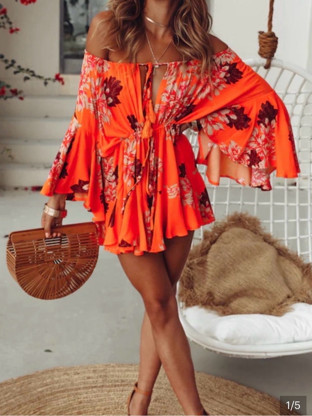 Hello Molly Orange Floral Off-Shoulder Romper